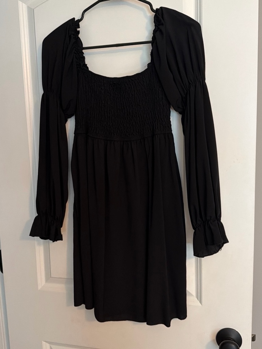 SHEIN Black Square-Neck Puff-Sleeve Smocked Mini Dress